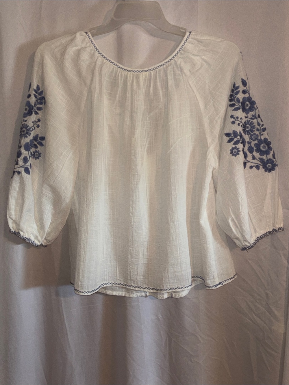 Max Studio White Peasant Blouse with Blue Floral Sleeve Embroidery - Picture 8 of 13